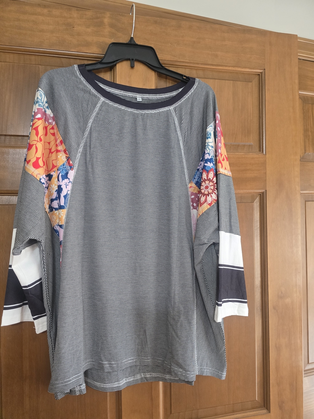 Striped Gray Raglan Top with Floral Colorblock Sleeves
